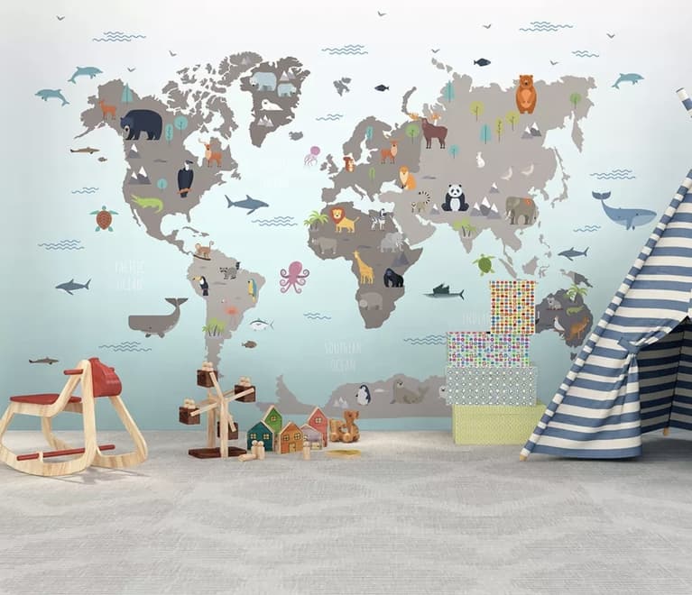Gray Kids World Map Wallpaper Mural