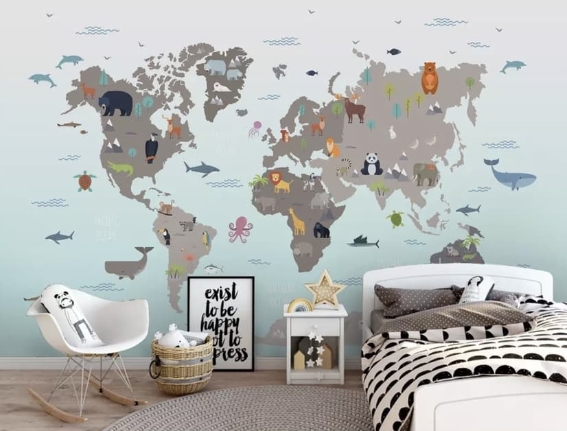 Gray Kids World Map Wallpaper Mural