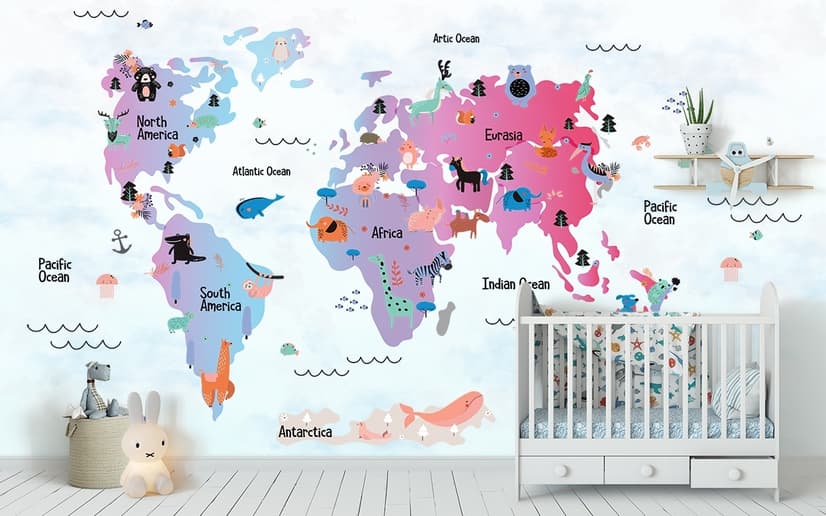 Colorful World Map with Cartoon Animals Wallpaper Mural