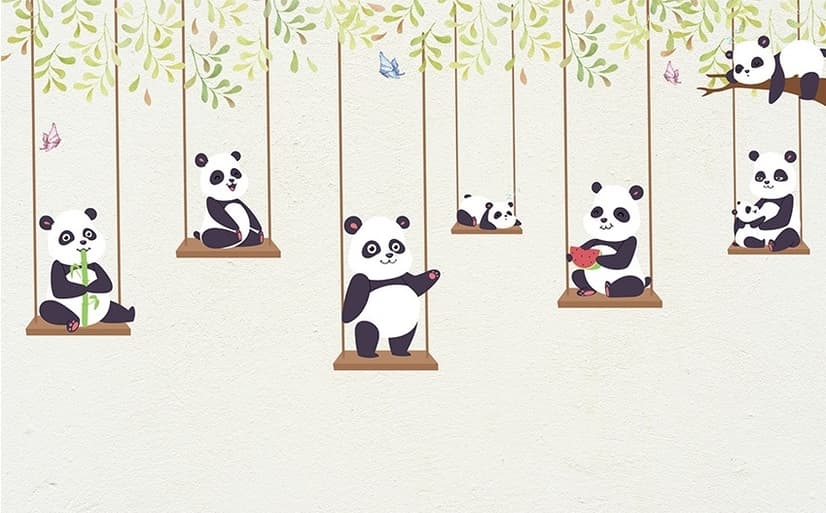 Cute Pandas Swinging Wallpaper Mural