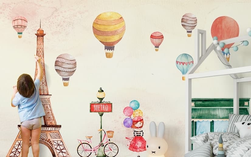 Eiffel Tower and Little Hot Air Balloon Wallpaper Mural
