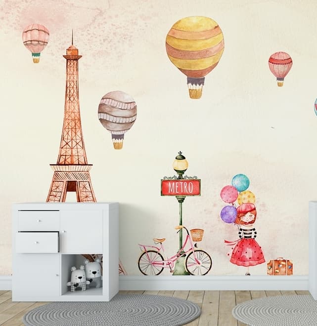 Eiffel Tower and Little Hot Air Balloon Wallpaper Mural