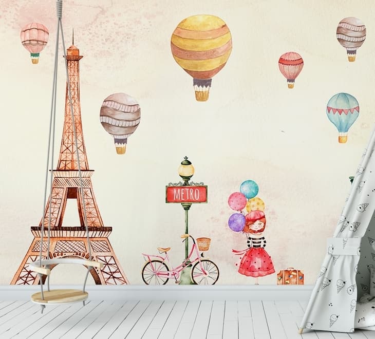 Eiffel Tower and Little Hot Air Balloon Wallpaper Mural