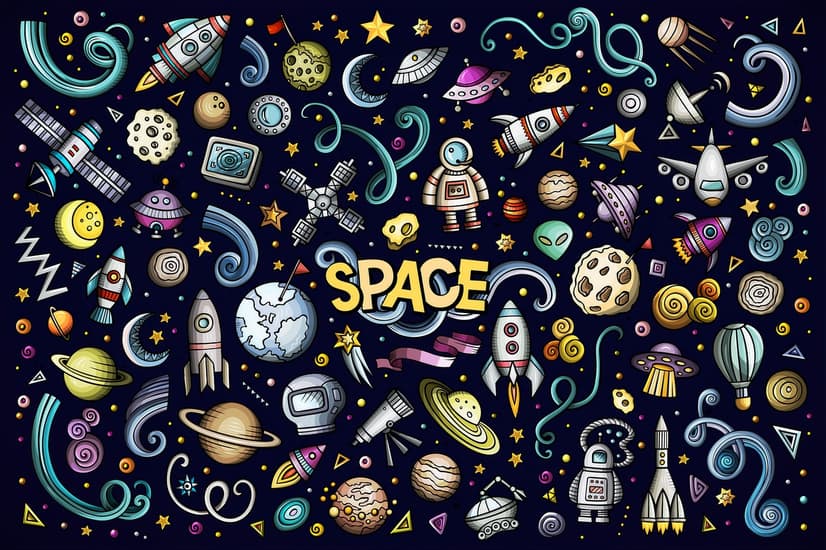 Kids Cartoon Space with Astronaut and Colorful Planets Wallpaper Mural