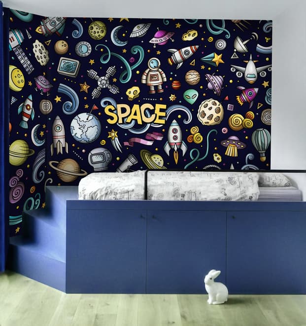 Kids Cartoon Space with Astronaut and Colorful Planets Wallpaper Mural