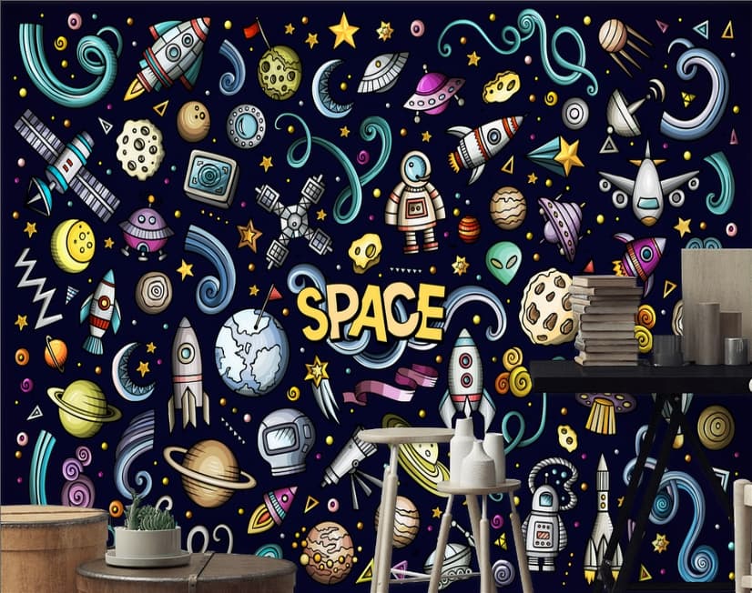 Kids Cartoon Space with Astronaut and Colorful Planets Wallpaper Mural