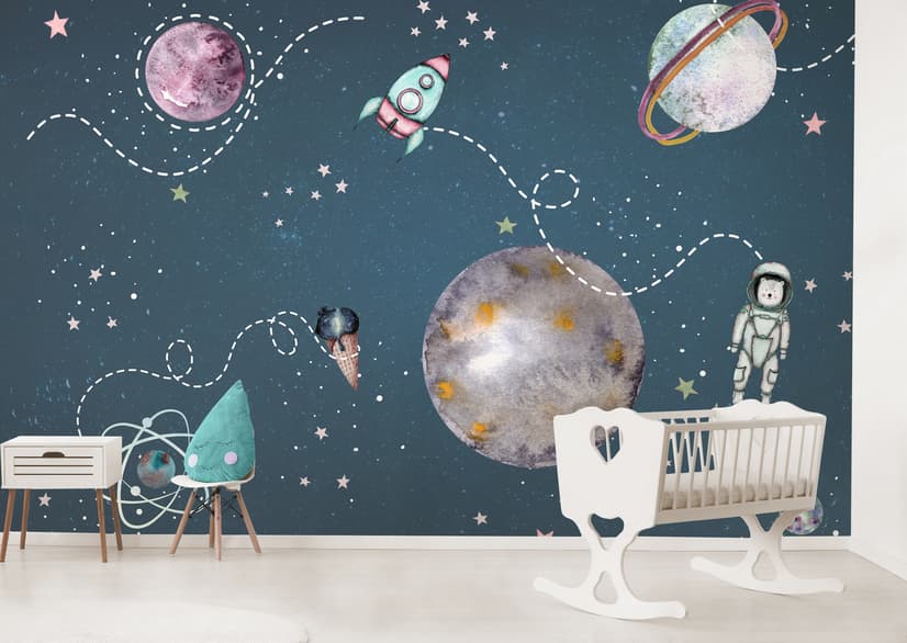 Kids Shining Space with Watercolor Bear Astronaut Wallpaper Mural