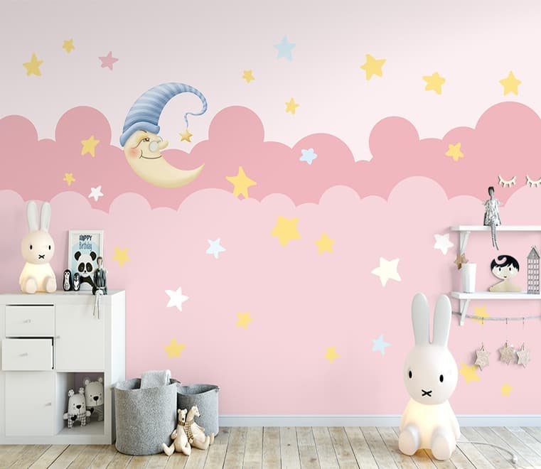 Papier peint nuit rose lune endormie filles enfants