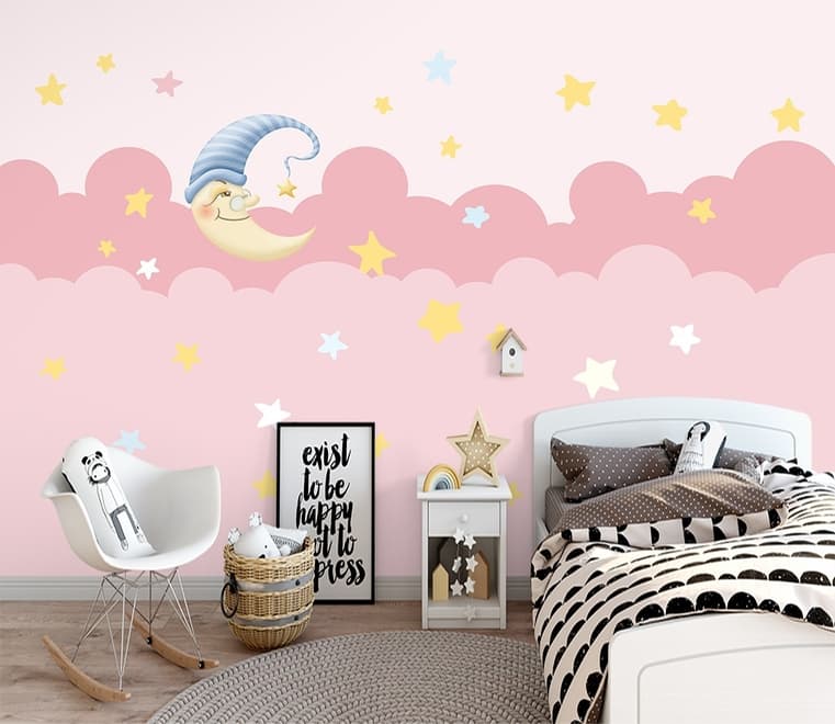 Kids Girls Pink Night with Sleeping Moon Wallpaper Mural