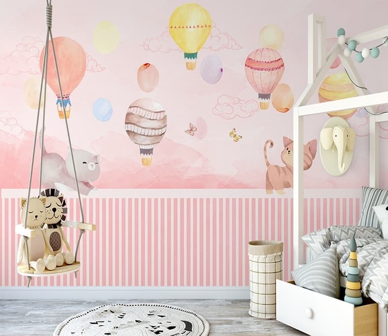 Aquarell Rosa Himmel mit Süßem Kätzchen und Heißluftballon Fototapete