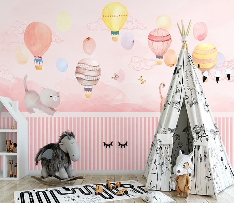 Watercolor Pink Sky with Cute Cat and Hot Air Balloon Wallpaper Mural