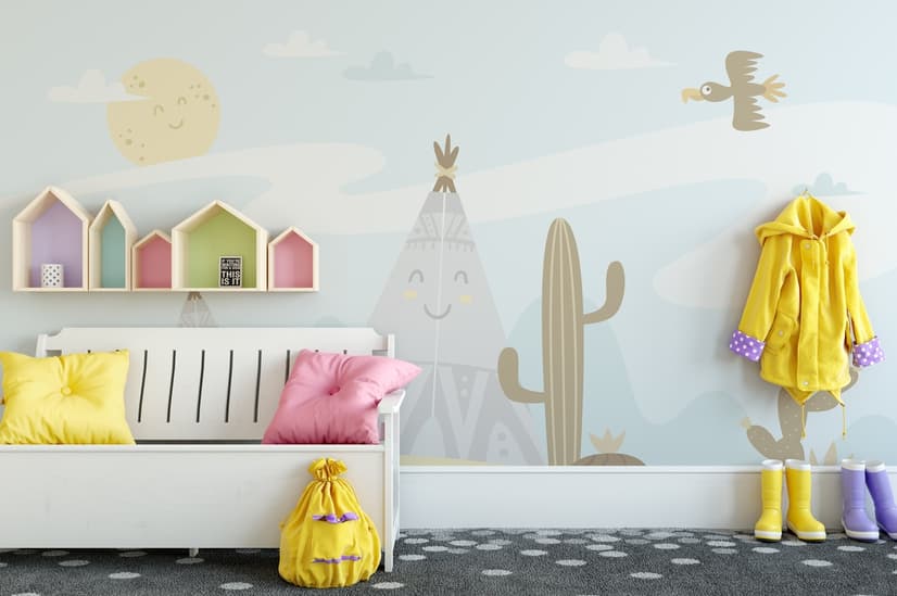 Cartoon Landscape with Happy Sun Wallpaper Mural
