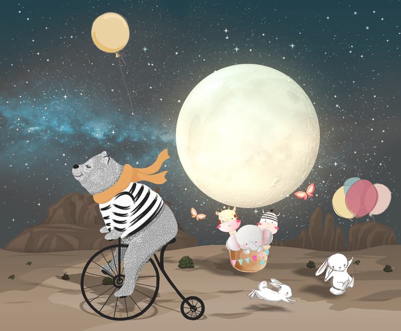 Papier peint Ours de dessin animé et lapin mignon avec la lune
