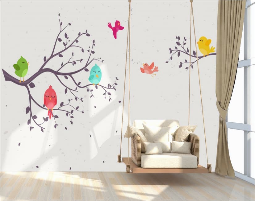 Papier peint panoramique arbre cartoon oiseaux colorés chantants enfants