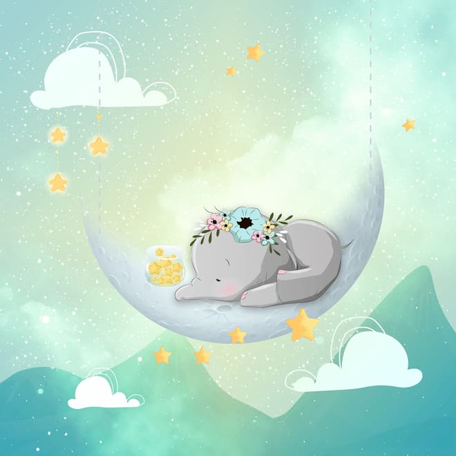 Aquarell Süßer Elefant mit Mond Fototapete