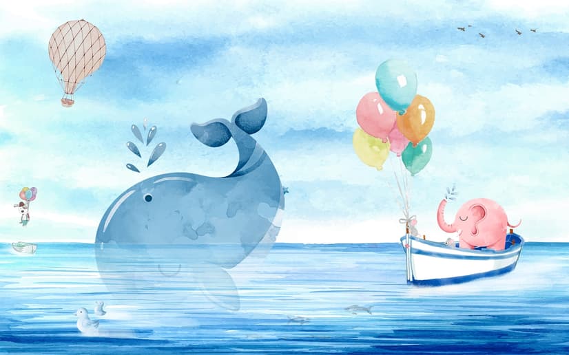 Cartoon Sea with Pink Elephant and Whales Wallpaper Mural