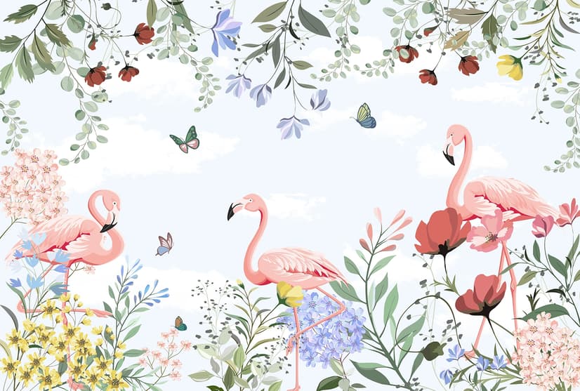 Flamingo with Colorful Floral Wallpaper Mural