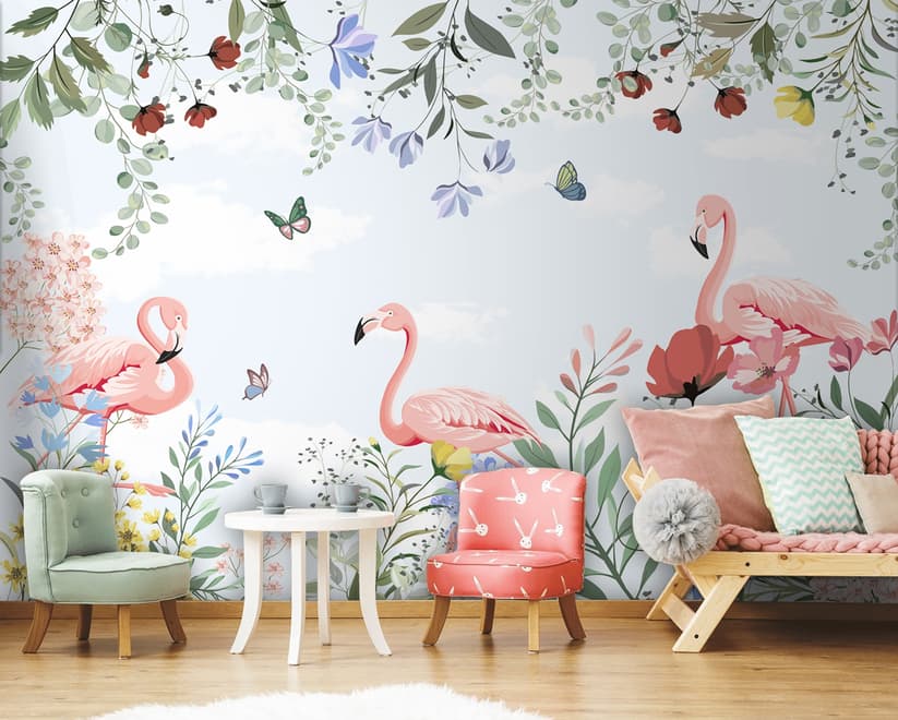 Papier peint  panoramique flamant rose fleurs colorées