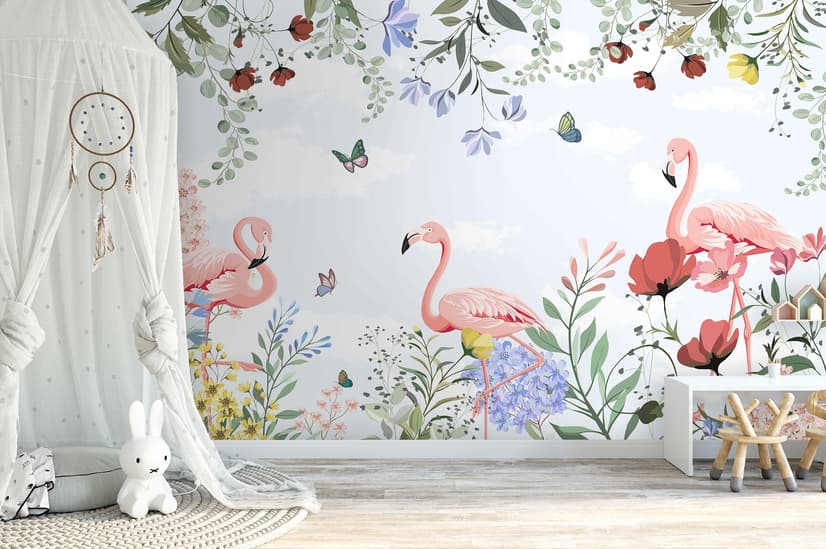 Flamingo with Colorful Floral Wallpaper Mural
