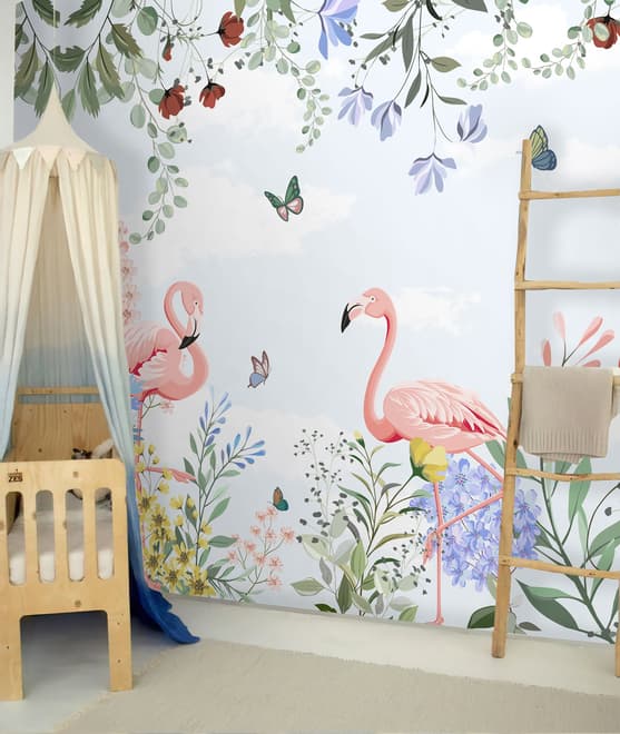 Flamingo with Colorful Floral Wallpaper Mural