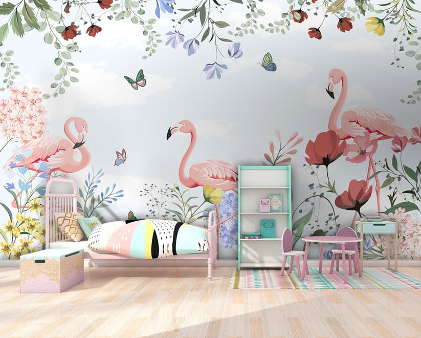 Flamingo with Colorful Floral Wallpaper Mural