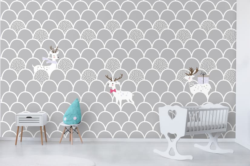 Kids Gray Fishscale Pattern and White Deer Wallpaper Mural
