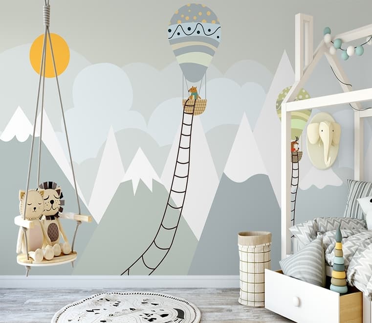 Papier peint montagnes grises montgolfière soleil enfants