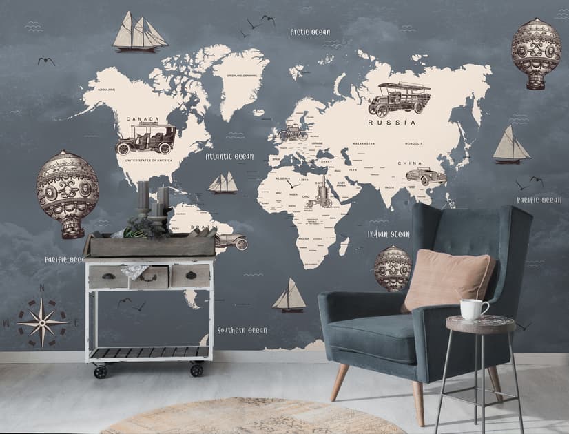 Kids Gray World Maps with Vintage Hot Air Balloon and Cars Wallpaper Mural