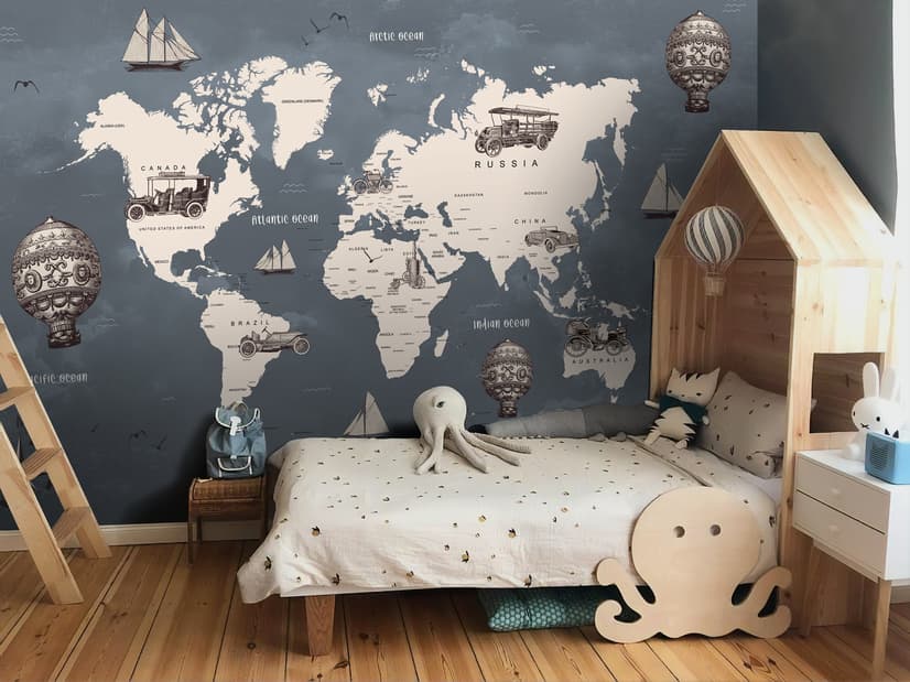 Kids Gray World Maps with Vintage Hot Air Balloon and Cars Wallpaper Mural