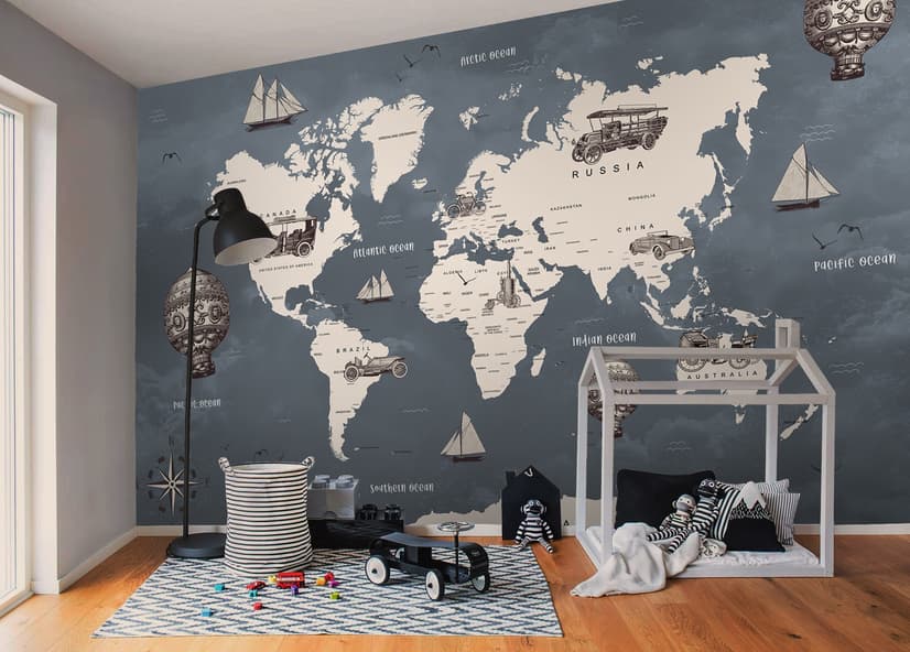 Kids Gray World Maps with Vintage Hot Air Balloon and Cars Wallpaper Mural