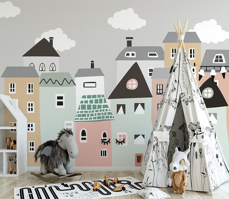 Papier peint panoramique de la petite maison scandinave des enfants