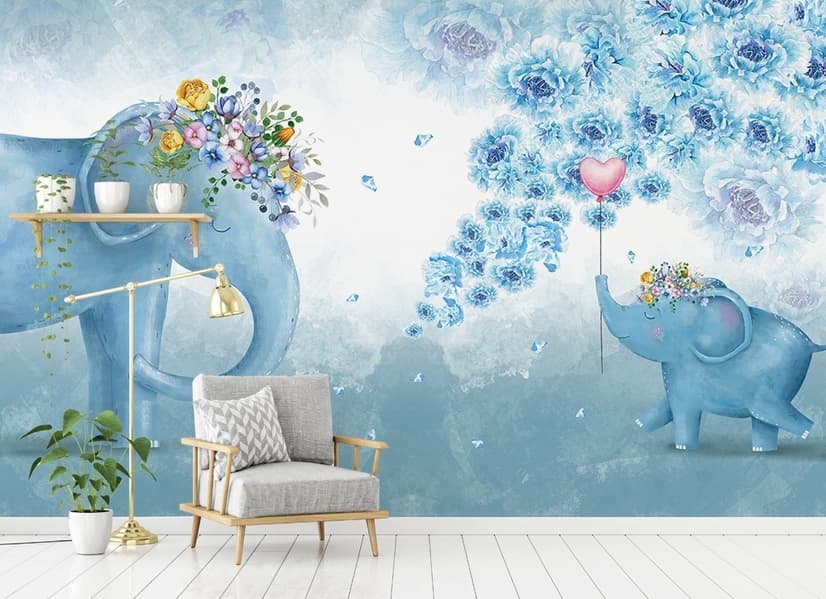 Cartoon Blue Elephant Wallpaper Mural