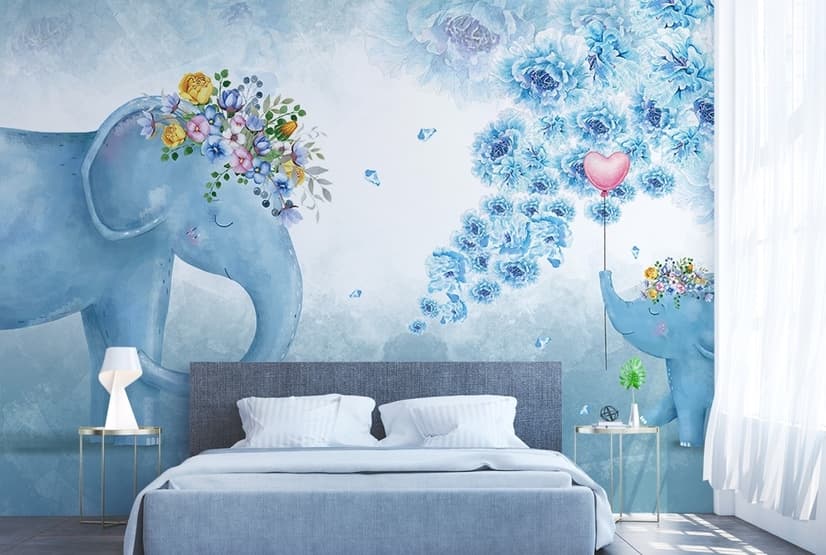 Cartoon Blue Elephant Wallpaper Mural