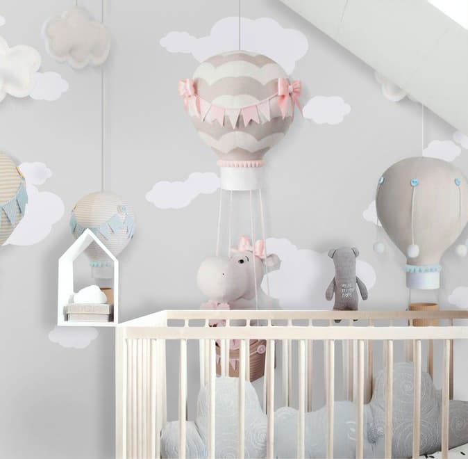 Little Hot Air Balloons with Clouds Wallpaper Mural