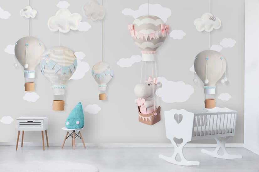 Little Hot Air Balloons with Clouds Wallpaper Mural