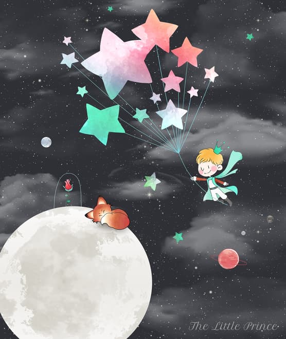 Little Prince and Moon with Watercolor Stars Wallpaper Mural
