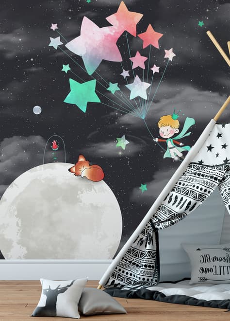Der kleine Prinz und Mond mit Aquarellsternen Fototapete