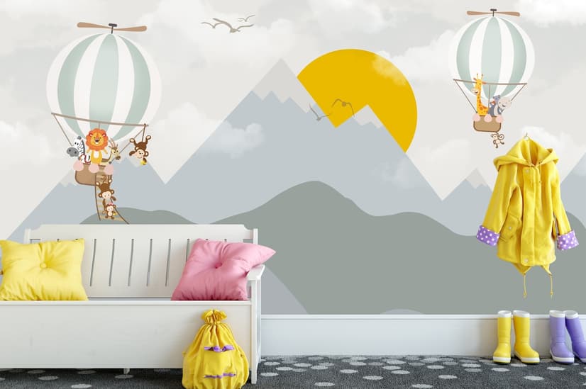 Fototapete Kinderzimmer Berglandschaft mit Heißluftballon