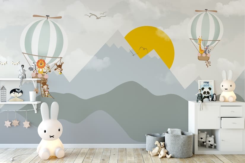 Kids Nursery Mountain Landscape with Hot Air Balloon Wallpaper Mural