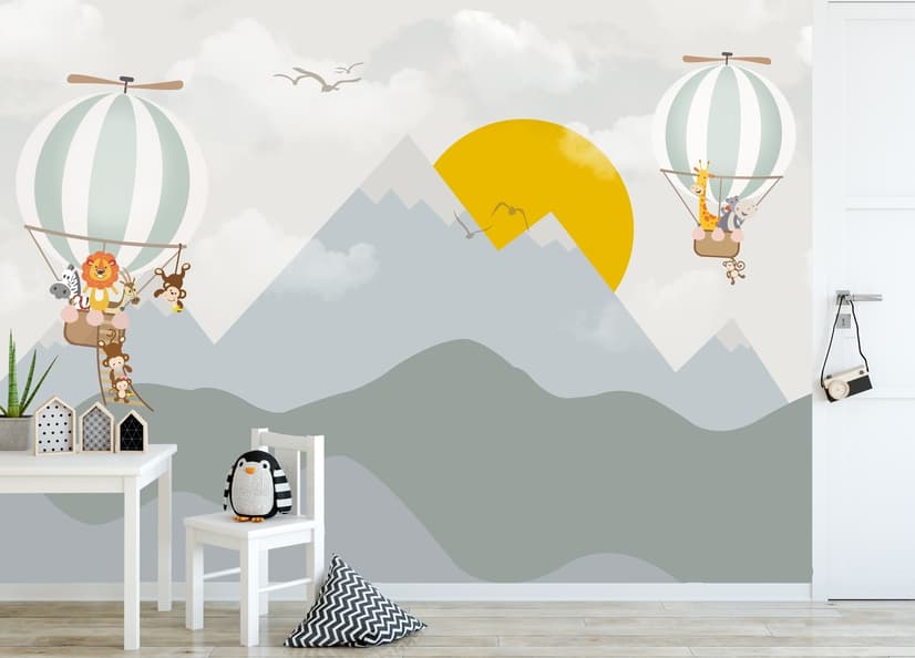 Kids Nursery Mountain Landscape with Hot Air Balloon Wallpaper Mural