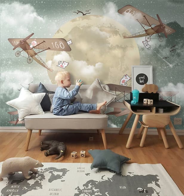 Kids Moon with Aircraft Wallpaper Mural