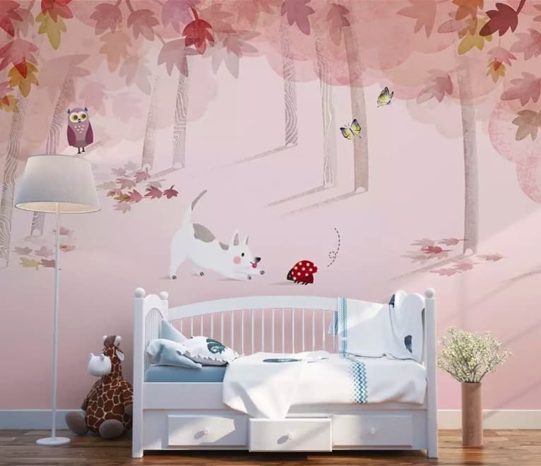 Pink Forest with Cats and Owl Wallpaper Mural