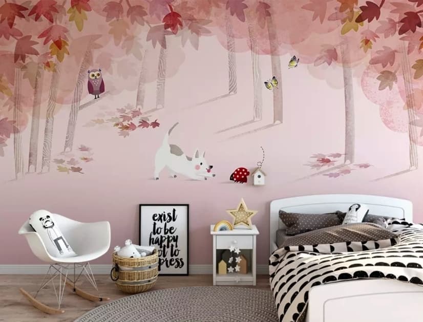 Pink Forest with Cats and Owl Wallpaper Mural