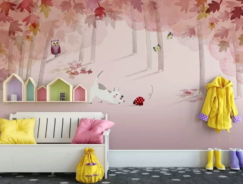 Pink Forest with Cats and Owl Wallpaper Mural