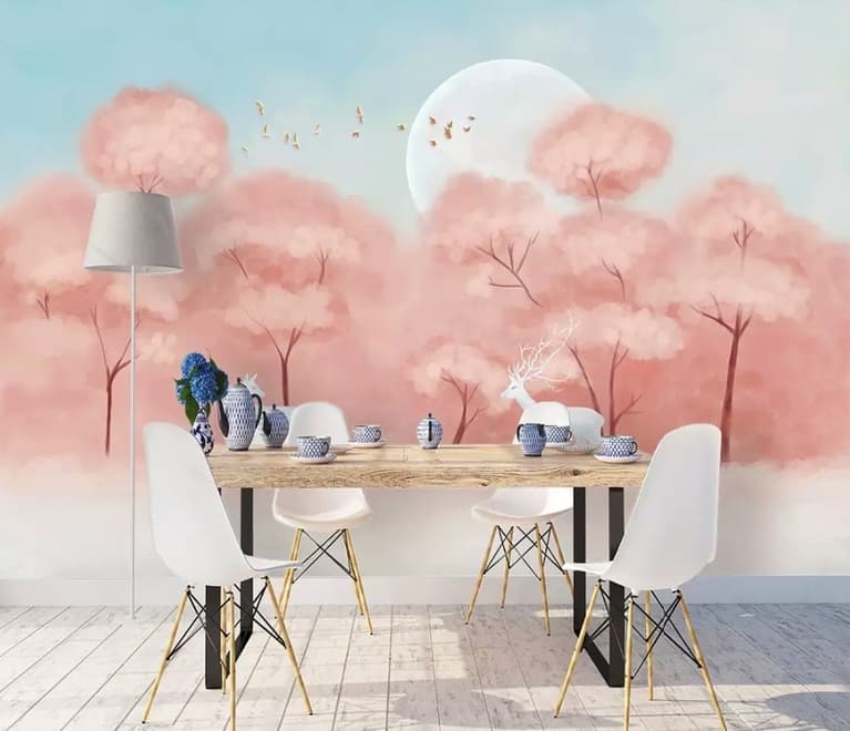 Pink Forest and Horned Deer Wallpaper Mural