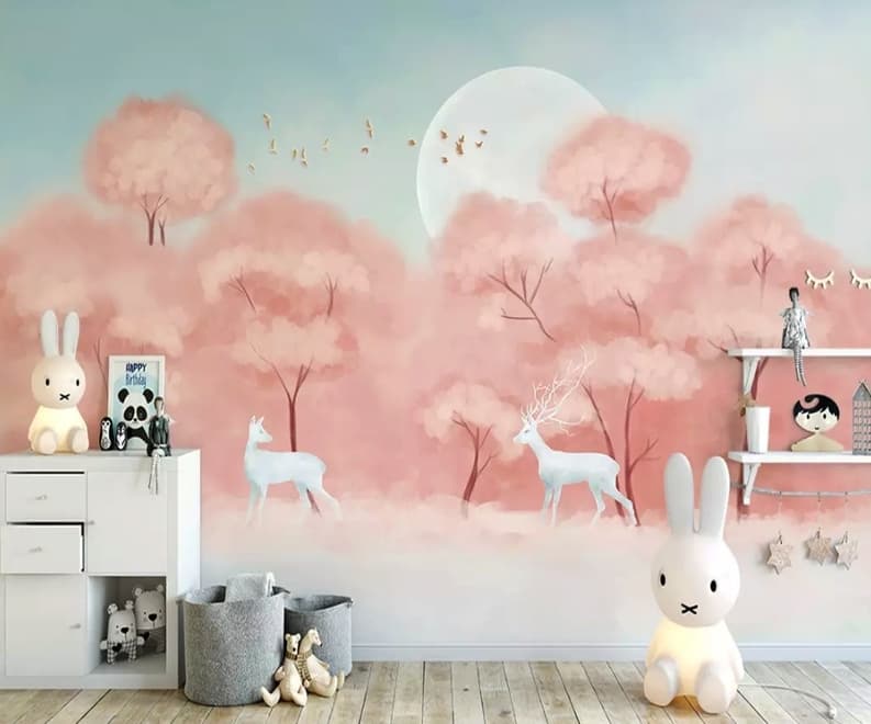 Pink Forest and Horned Deer Wallpaper Mural
