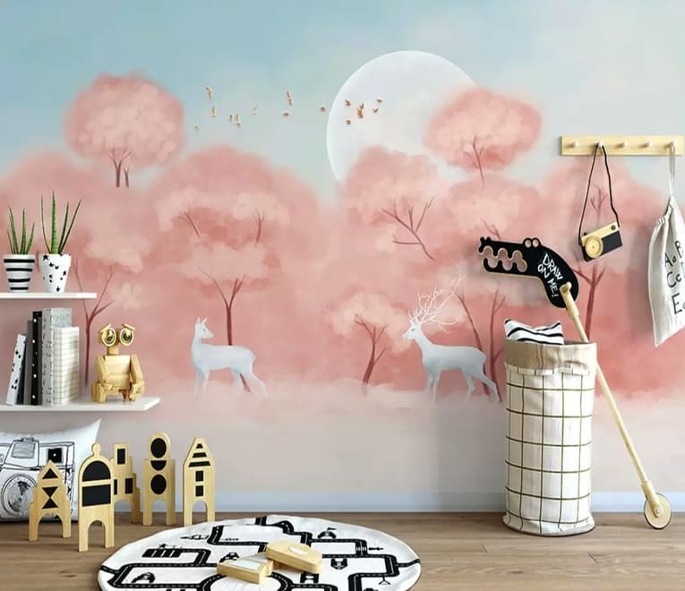 Pink Forest and Horned Deer Wallpaper Mural