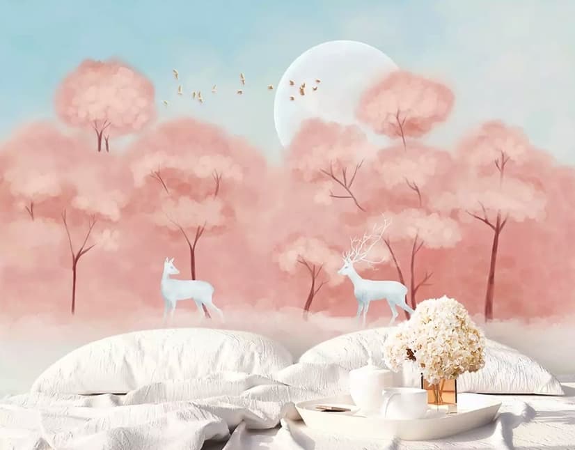 Pink Forest and Horned Deer Wallpaper Mural