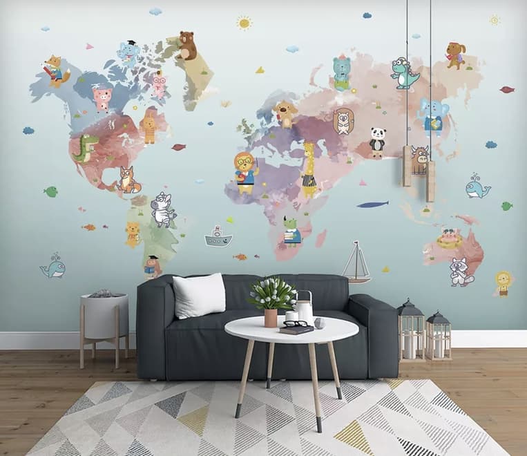 Pink Purple World Map with Animals Wallpaper Mural