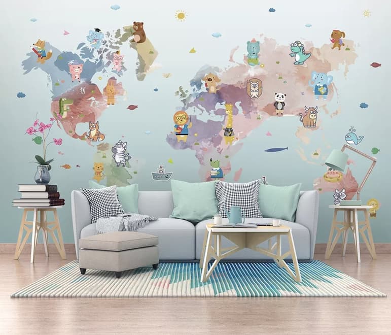 Pink Purple World Map with Animals Wallpaper Mural